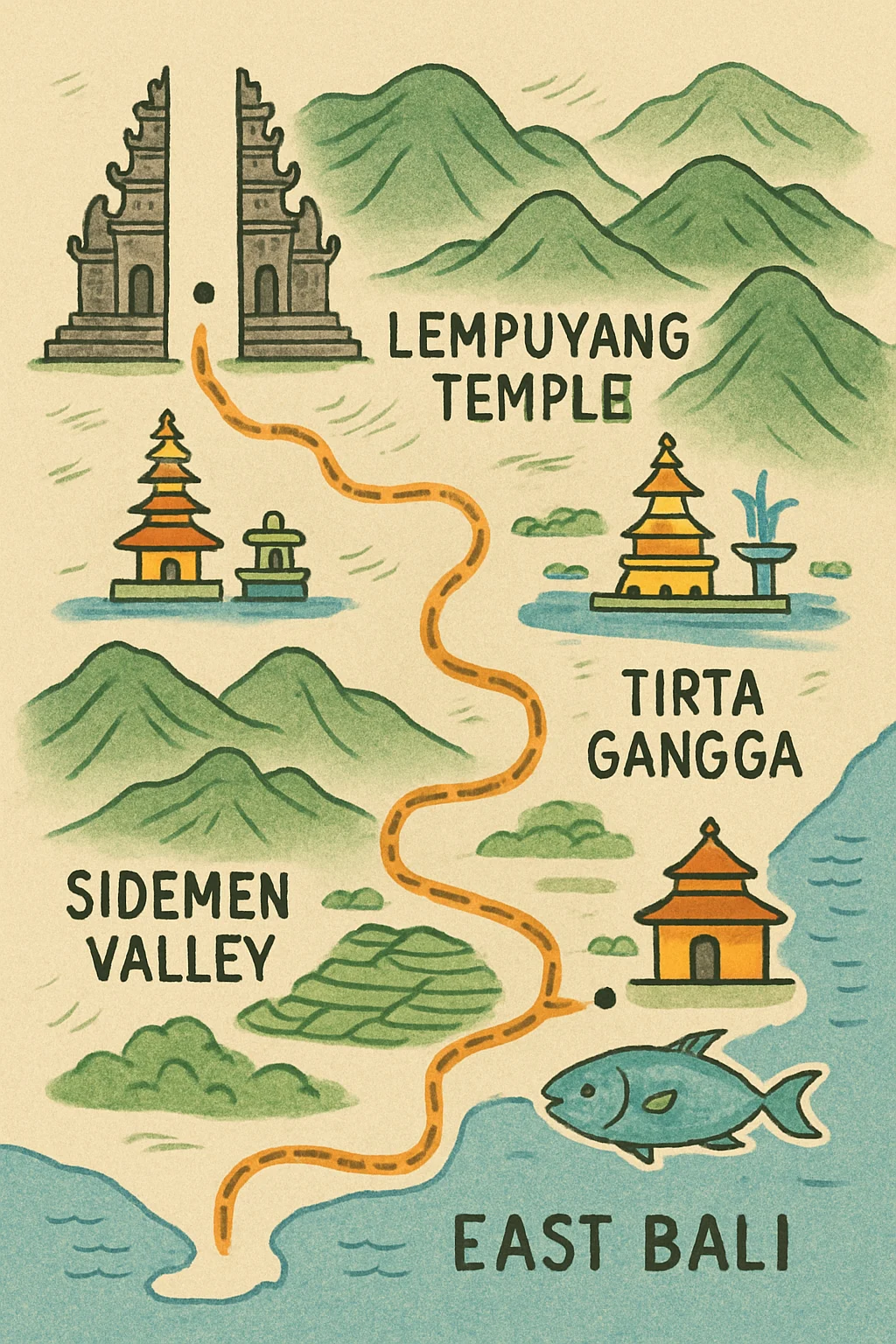 Bali day trip route map showing key scenic stops.