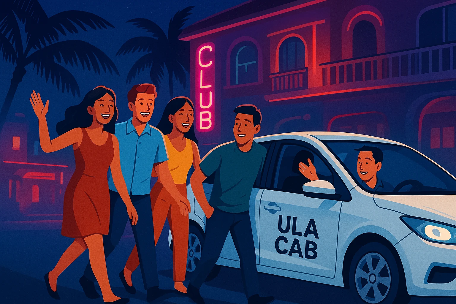 Happy group leaving a Bali club at night, getting into a clean Ulacab car, neon nightlife in background, driver welcoming politely, safe reliable transport feel, modern illustration style for travel blog