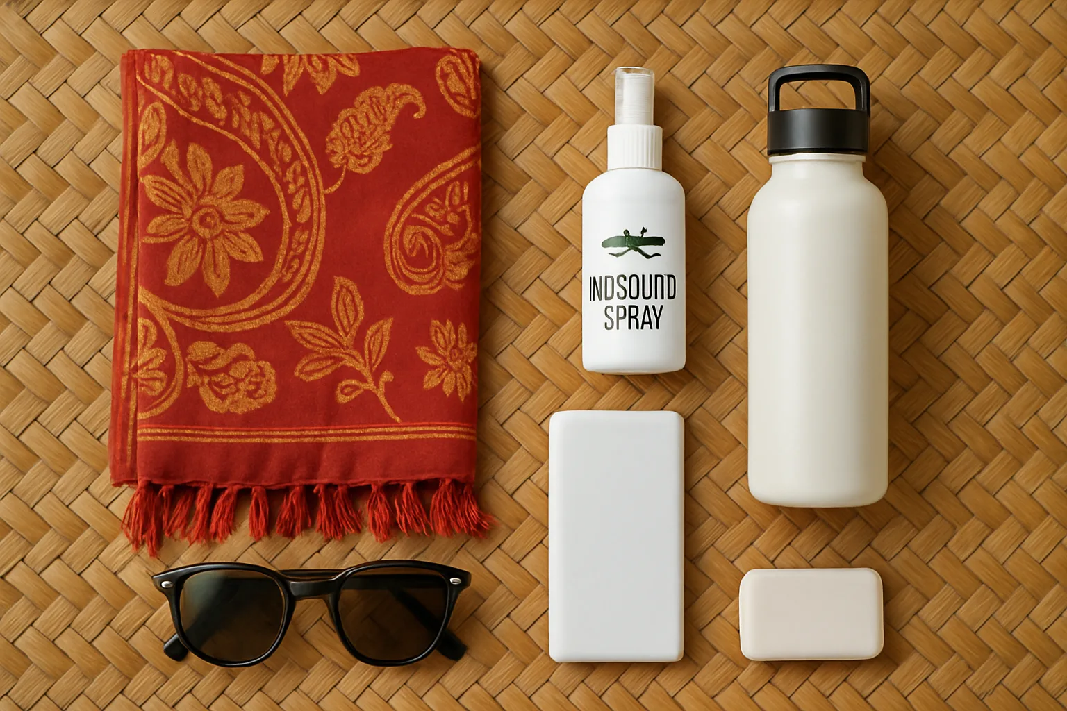 Essential items to pack for a Bali trip including sarong, mosquito spray, and reusable bottle.
