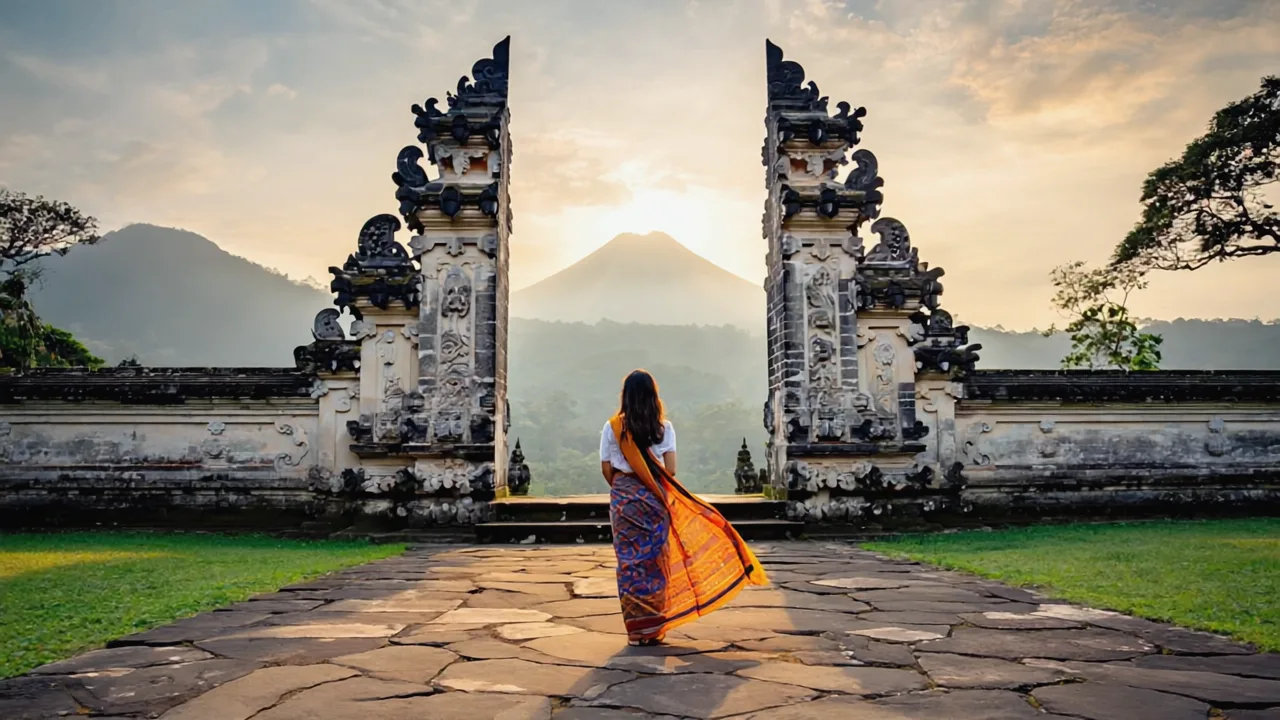 Sunrise view at Lempuyang Temple, Bali, dramatic Mount Agung in background, morning mist curling around stone gates, woman in colorful sarong posing peacefully, realistic photography, vibrant colors, soft golden light, high detail
