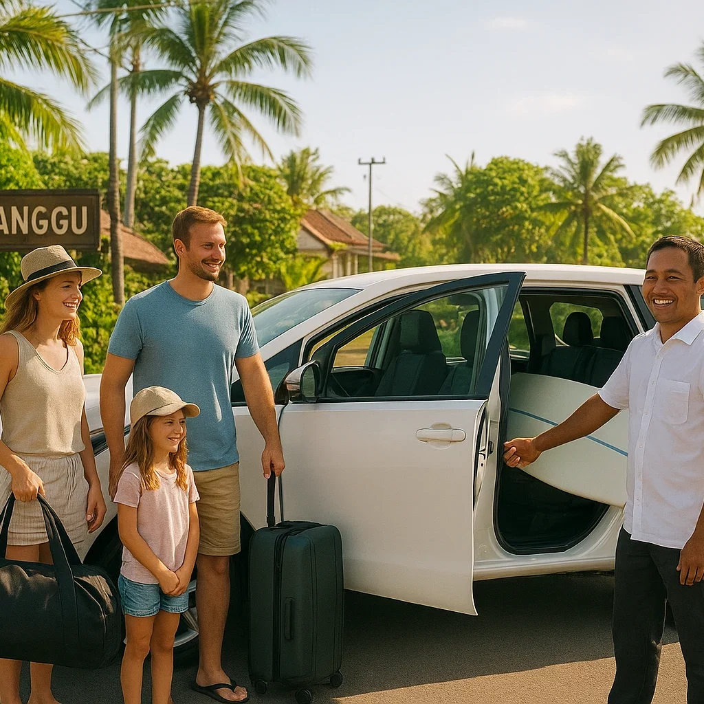 Driver helping a family load surfboards and luggage into a private car in Canggu, Bali.