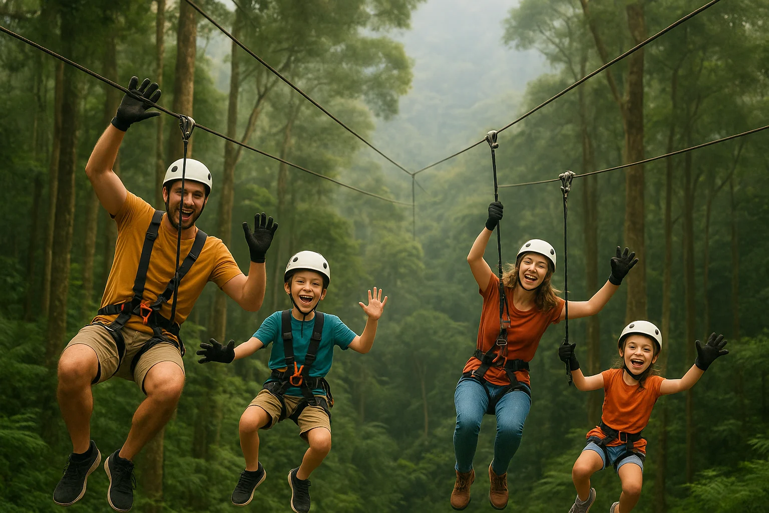 Kids and parents ziplining through tall trees in Bali Botanic Gardens, ropes course with safety harnesses, cool mountain atmosphere, mix of excitement and nature.