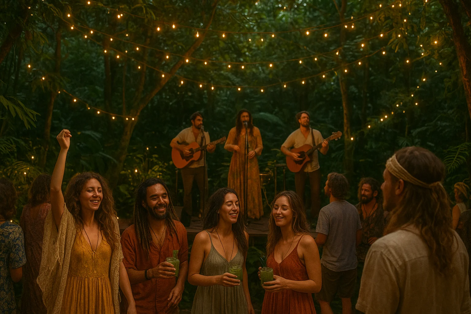 Open-air jungle venue with live band, spiritual travelers in flowy outfits, herbal cocktails, fairy lights, artistic bohemian crowd