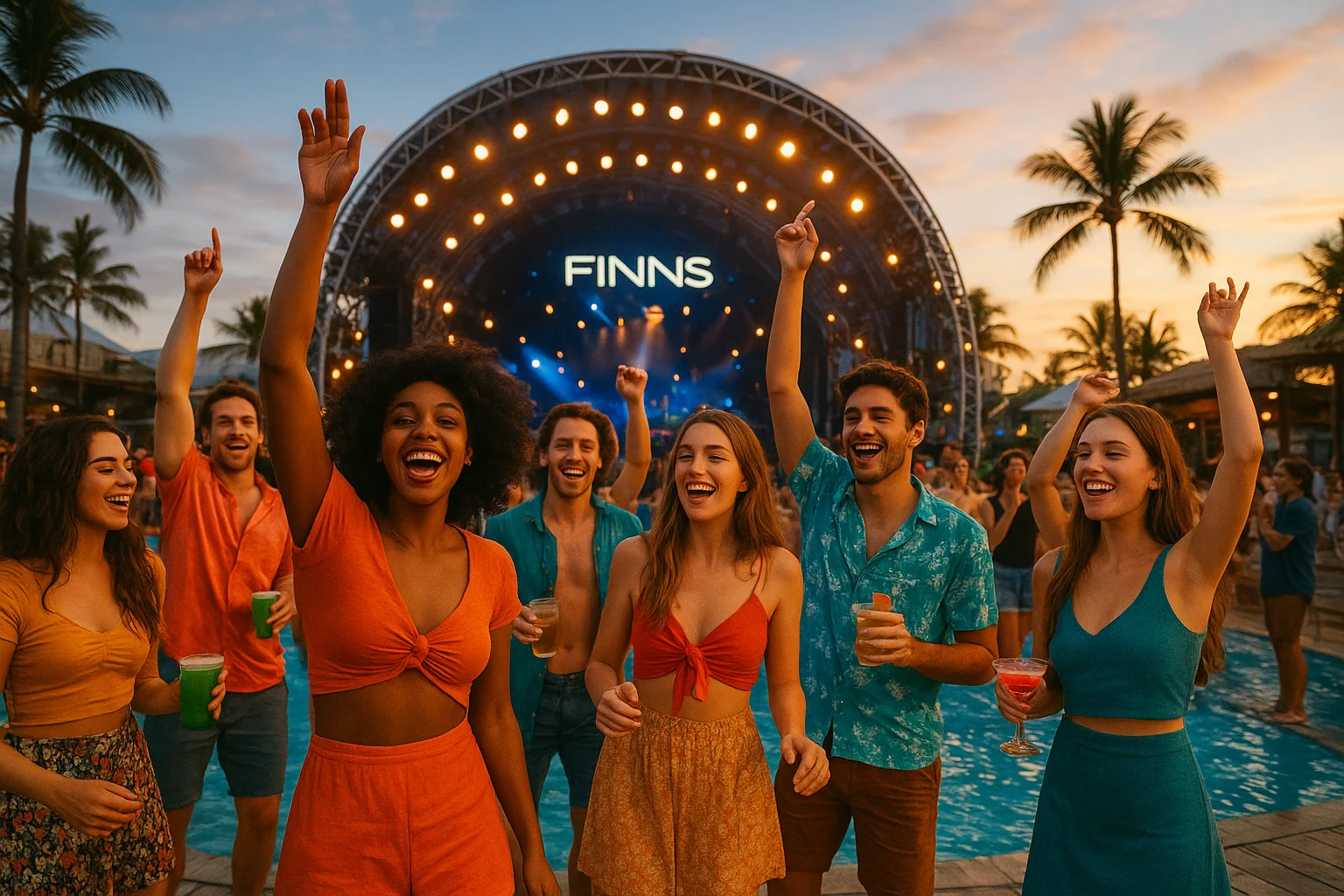 Large group of friends in colorful outfits at Finns Beach Club pool deck, dancing with drinks, big stage lighting, day-to-night party energy, tropical modern