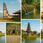 A vibrant travel collage of Bali’s most famous temples — Lempuyang, Tirta Empul, Tanah Lot, Ulun Danu Beratan, Uluwatu, Goa Gajah, Taman Ayun, and Pura Besakih — arranged in artistic layout, each with small title labels, bright tropical colors, balanced composition, realistic photography style