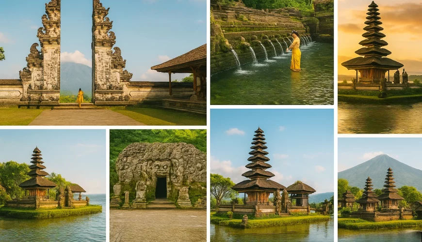 A vibrant travel collage of Bali’s most famous temples — Lempuyang, Tirta Empul, Tanah Lot, Ulun Danu Beratan, Uluwatu, Goa Gajah, Taman Ayun, and Pura Besakih — arranged in artistic layout, each with small title labels, bright tropical colors, balanced composition, realistic photography style