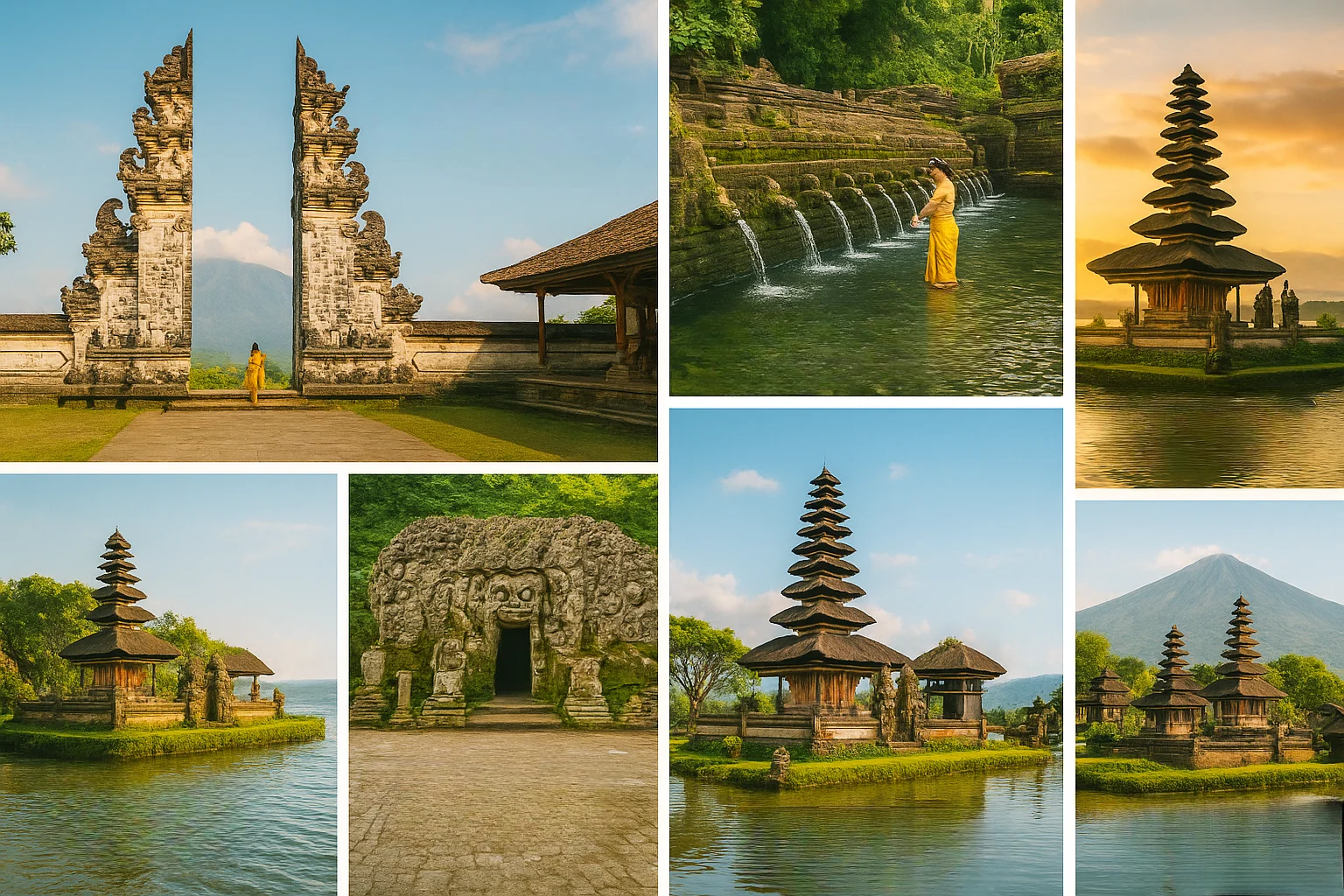 A vibrant travel collage of Bali’s most famous temples — Lempuyang, Tirta Empul, Tanah Lot, Ulun Danu Beratan, Uluwatu, Goa Gajah, Taman Ayun, and Pura Besakih — arranged in artistic layout, each with small title labels, bright tropical colors, balanced composition, realistic photography style