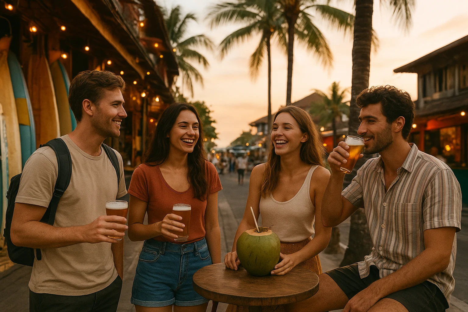 Casual group of young travelers bar-hopping along Batu Bolong, surfboards stacked nearby, craft beer and coconuts on tables, indie music vibe, relaxed but social