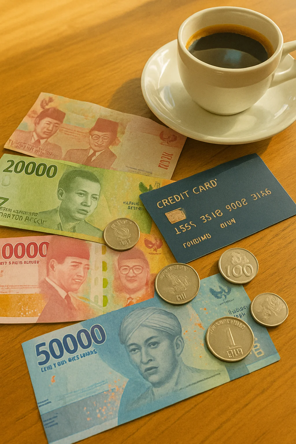 Indonesian Rupiah cash and credit card on a café table in Bali.