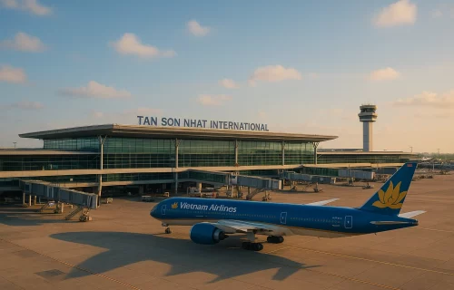 most iconic landmark of Tân Bình, with arrival/departure hall shots, airport taxi lanes, or airplane backdrops.