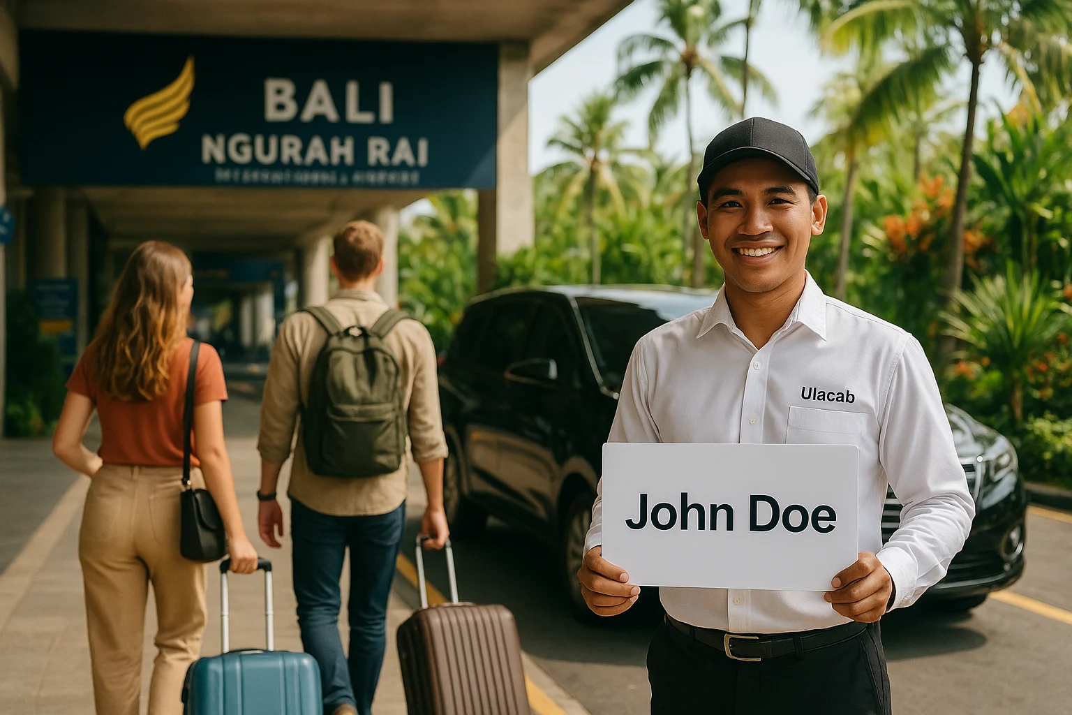 Smiling Ulacab driver greeting passengers with a welcome sign at Bali Ngurah Rai Airport.