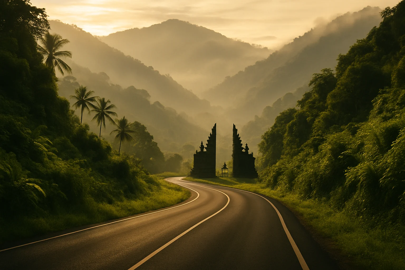 Misty mountain road in North Bali with sunrise light and temple gate.