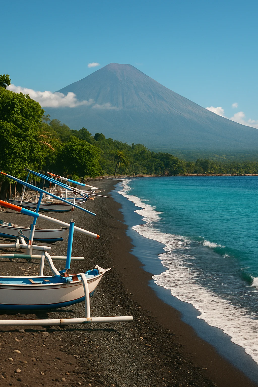 Black sand beach and snorkeling spot at Amed with Mount Agung in background