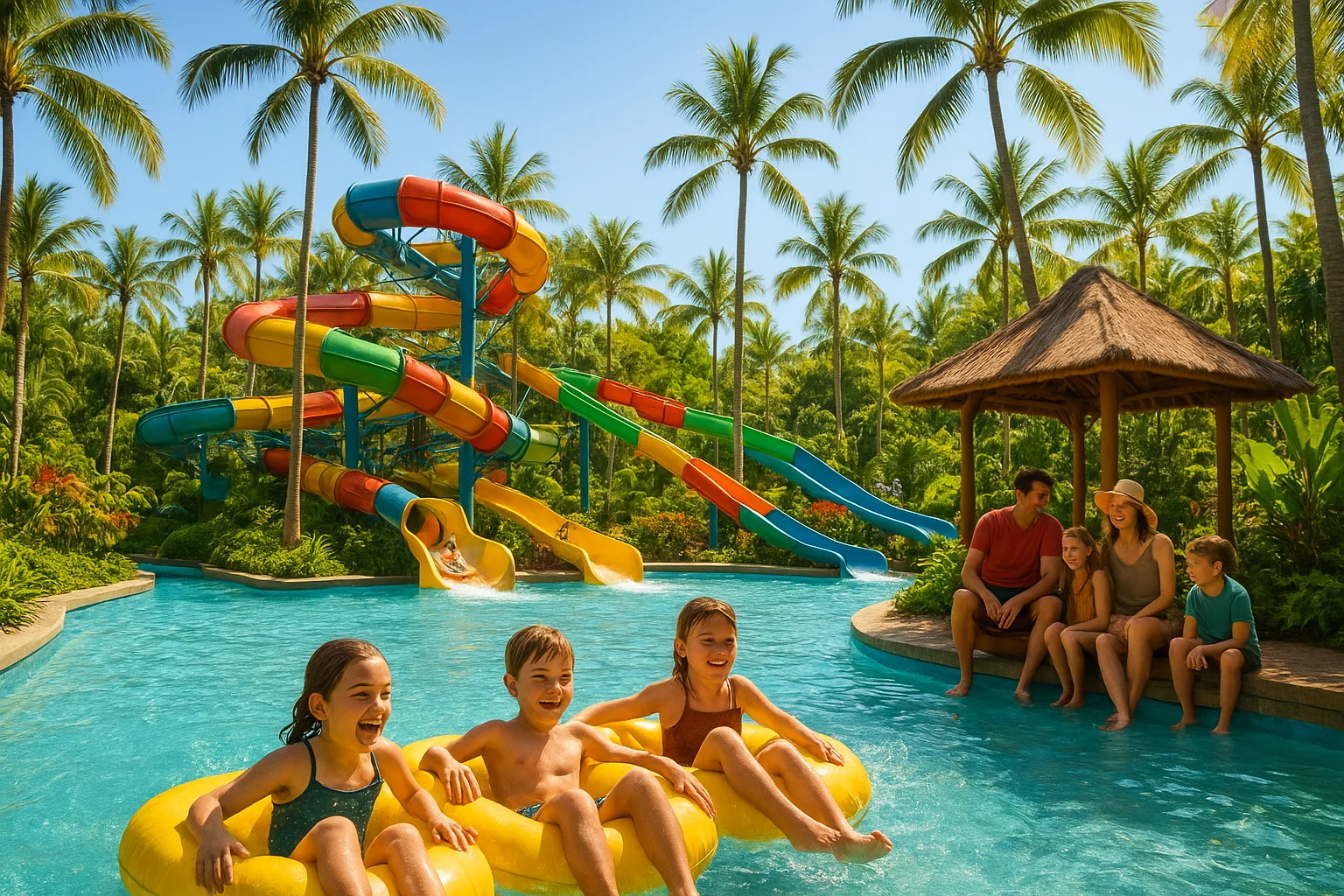 Wide shot of families and kids splashing in a tropical water park in Bali, colorful slides twisting through palm trees, clear blue pools, happy children on a lazy river, parents relaxing in a gazebo, vibrant summer atmosphere.