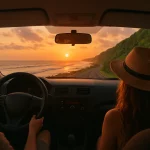 Couple enjoying a private transfer in a comfortable MPV car with Bali rice fields in view.