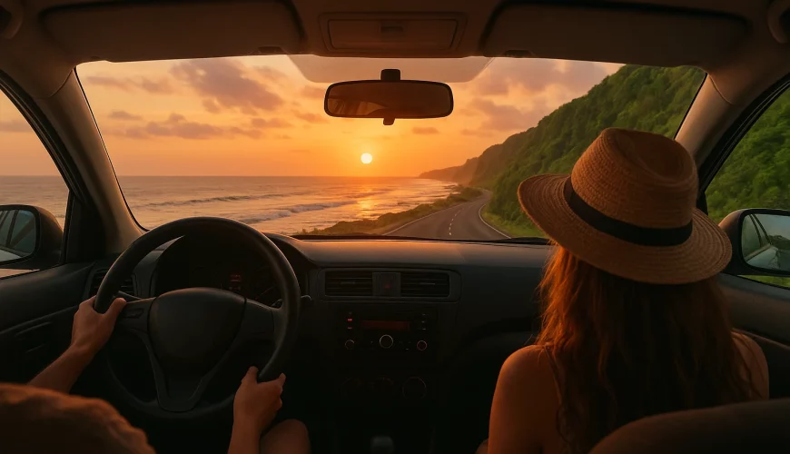 Couple enjoying a private transfer in a comfortable MPV car with Bali rice fields in view.
