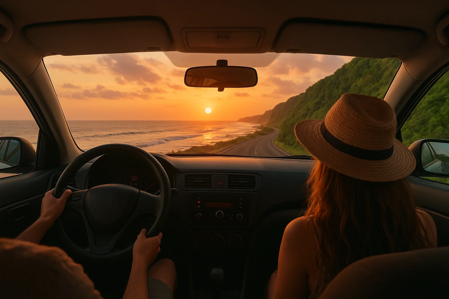 Couple enjoying a private transfer in a comfortable MPV car with Bali rice fields in view.