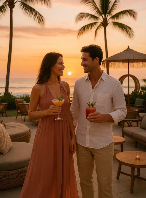 Elegant couple at a chic Bali beach club, sunset view, flowy dress & linen shirt, cocktails with tropical garnish, stylish decor, photogenic lounge, upscale vibe