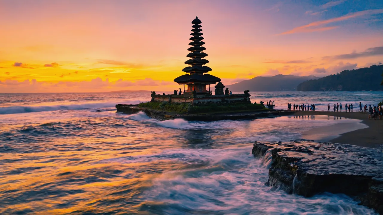 Uluwatu Temple perched on cliff above ocean, panoramic view with crashing waves, sunset sky with Kecak dance performance in foreground, traditional costumes, realistic high-resolution photography