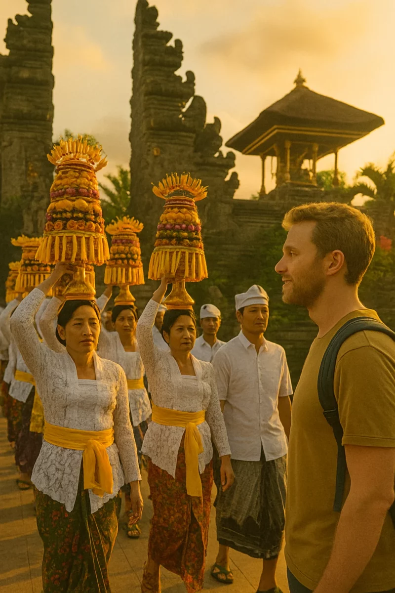 Balinese locals in traditional dress during a temple ceremony.