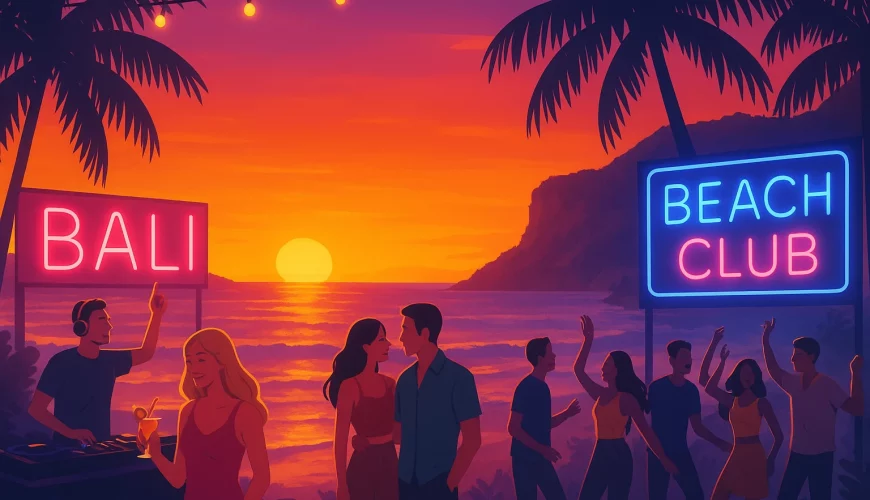 A vibrant digital illustration of Bali nightlife — sunset beach club with DJs, cliffside view, cocktails, stylish couples, solo travelers, party squads dancing under lights, tropical palms, glowing neon signs, modern travel blog aesthetic, cinematic wide shot, clean composition