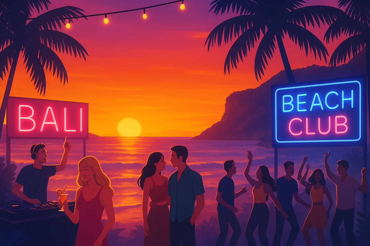A vibrant digital illustration of Bali nightlife — sunset beach club with DJs, cliffside view, cocktails, stylish couples, solo travelers, party squads dancing under lights, tropical palms, glowing neon signs, modern travel blog aesthetic, cinematic wide shot, clean composition
