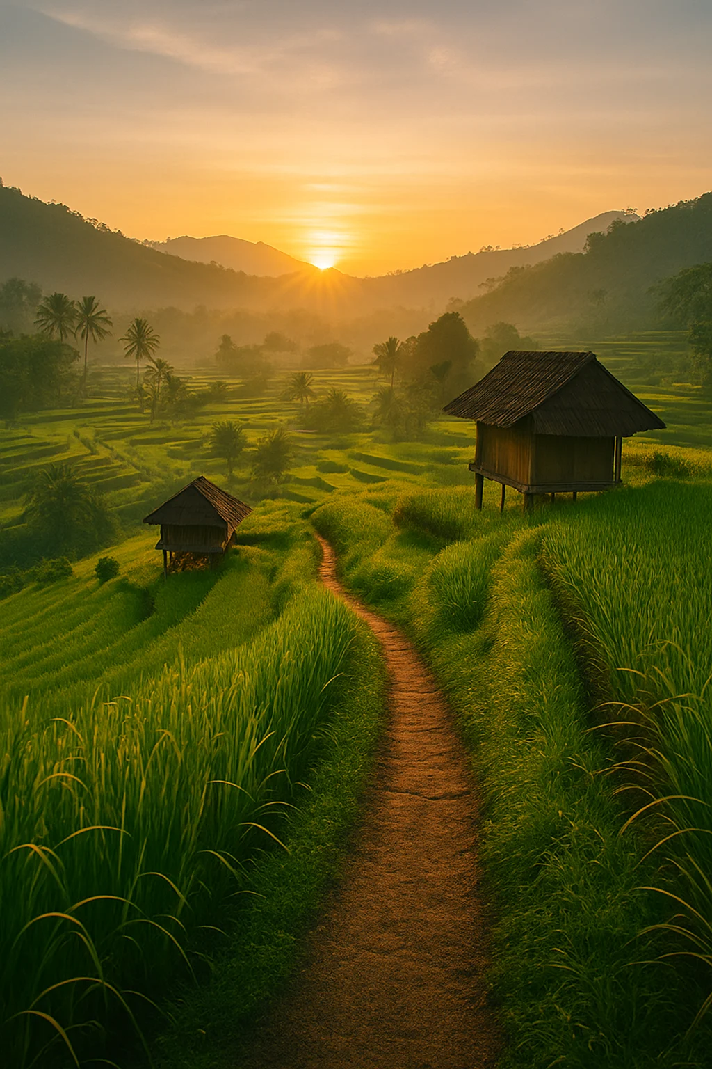 Scenic rice terraces in Sidemen Valley at sunrise