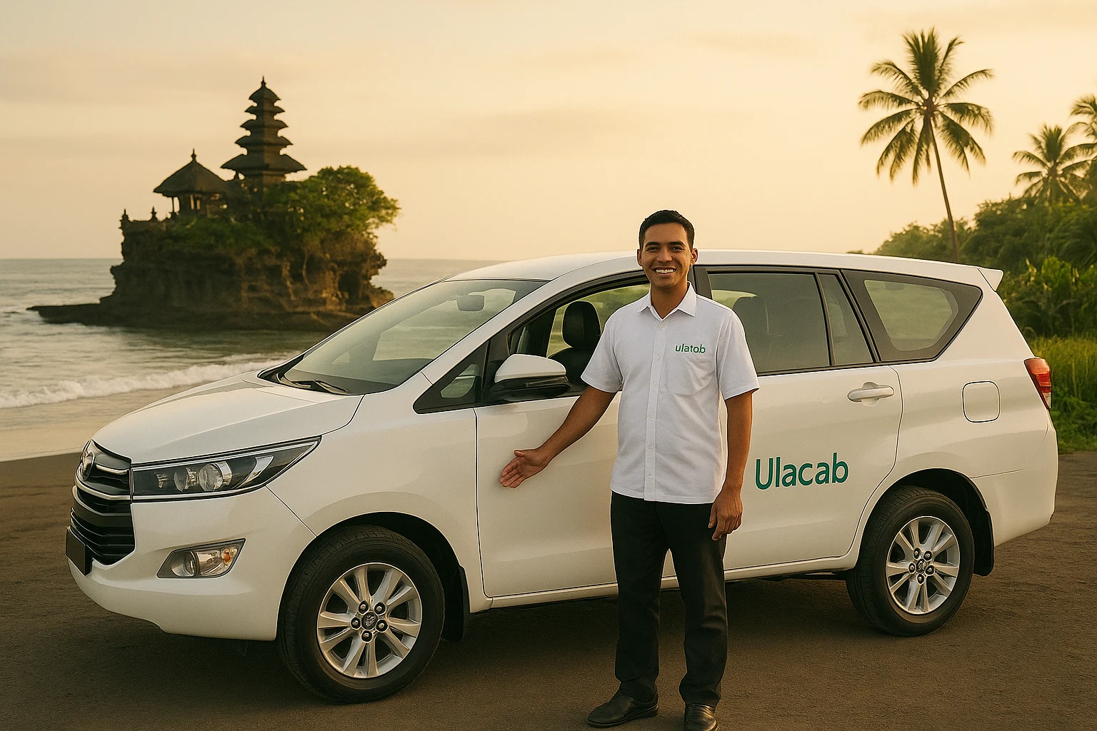 Ulacab driver standing beside a modern vehicle near a Bali beach and temple.