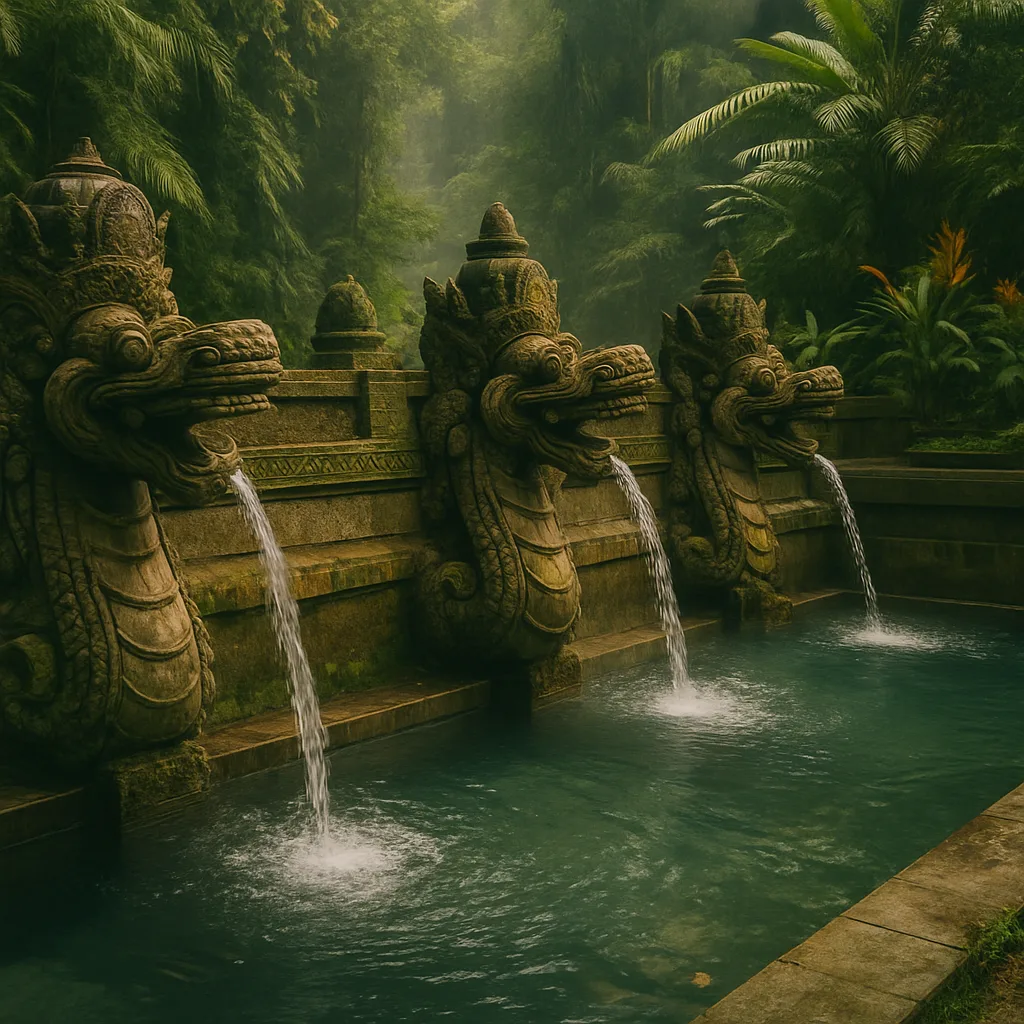 Banjar Hot Springs with stone dragons and forest backdrop in North Bali