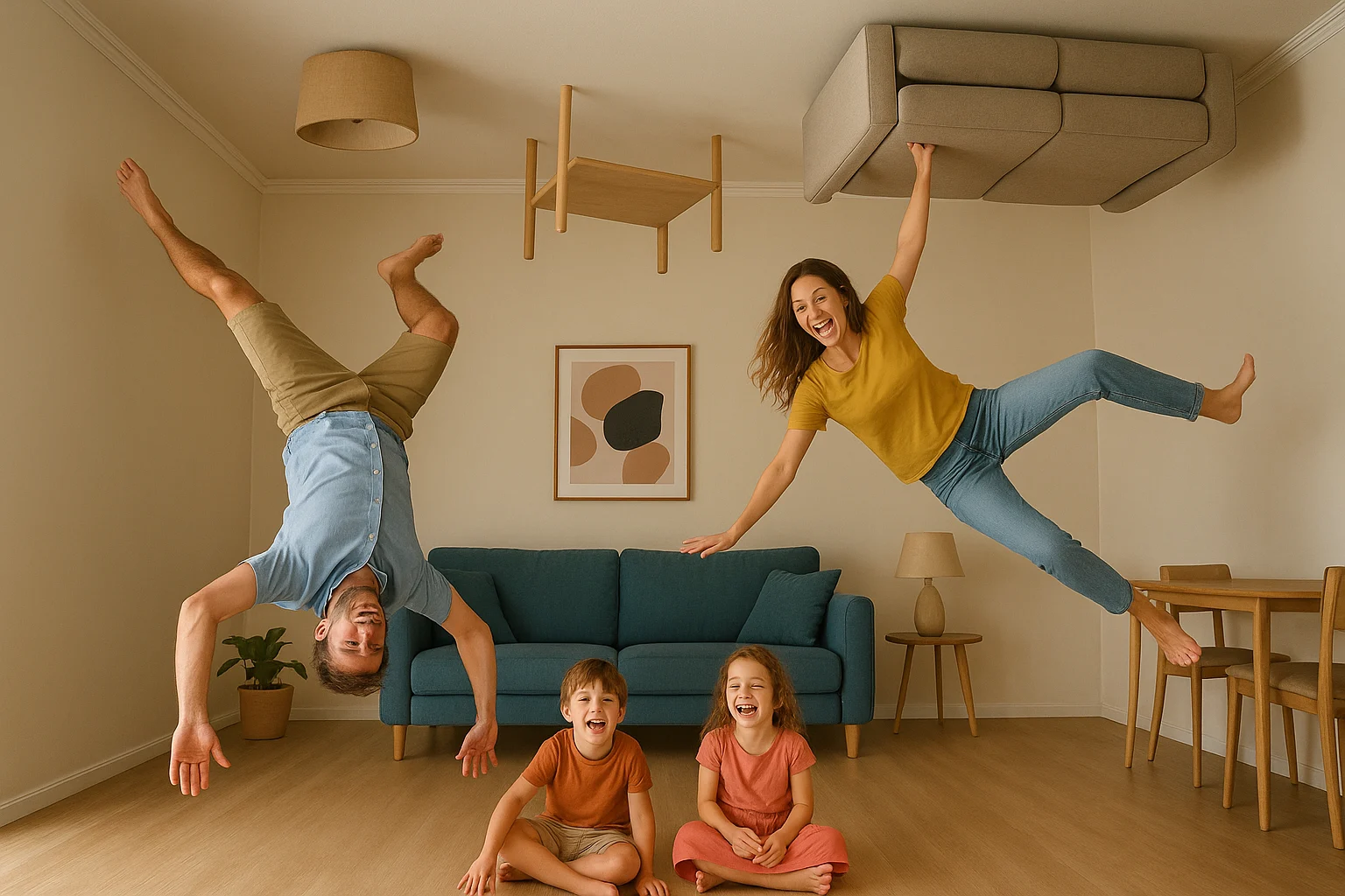 Family taking funny photos in an upside-down living room in Bali, furniture floating above them, kids laughing, parents pretending to walk on the ceiling, playful Instagram-worthy vibe.
