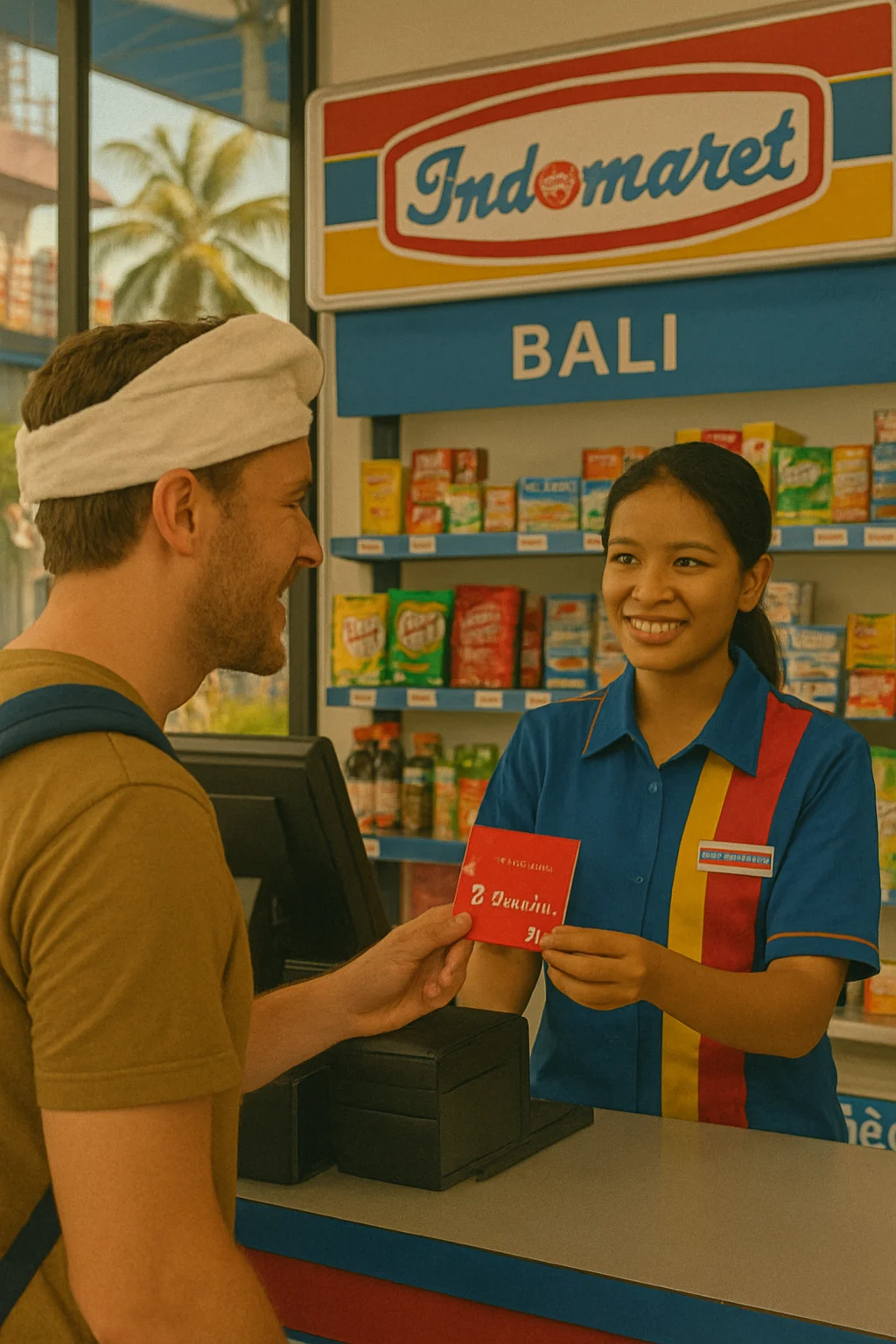 Tourist buying a Telkomsel SIM card at an Indomaret store in Bali.