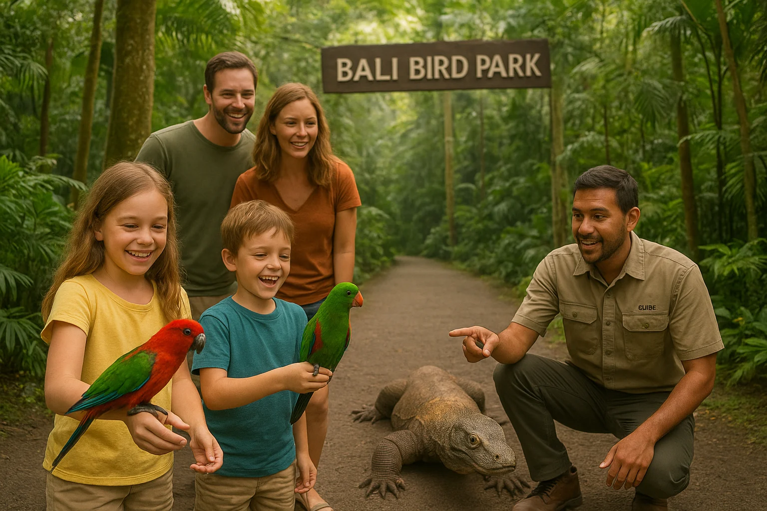 Children feeding colorful parrots in Bali Bird Park, parents watching Komodo dragon with guide, lush tropical gardens, shaded walking paths, educational family vibe