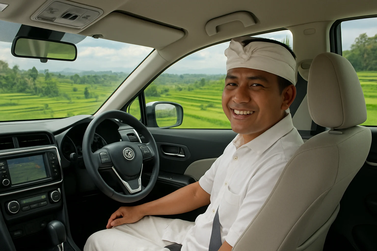 Inside Ulacab car with scenic view and friendly local driver.