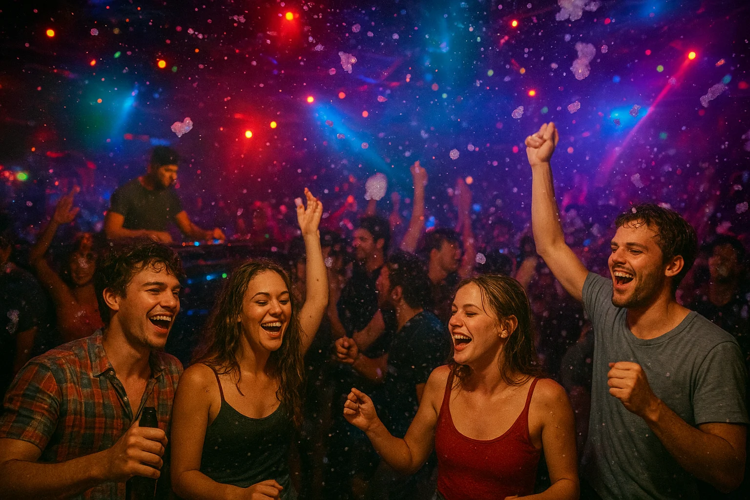 Crowded nightclub dance floor with live DJ, foam party throwback, mixed group of friends dancing, energetic lighting
