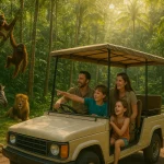 Safari tram driving through lush jungle in Bali, kids pointing at zebras and lions, orangutans climbing nearby, Balinese cultural performers in the background, warm natural light, family adventure vibe.