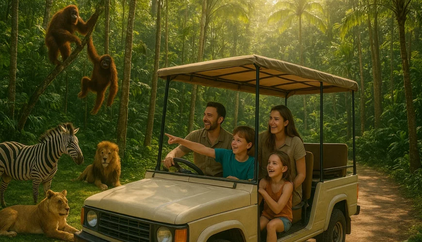 Safari tram driving through lush jungle in Bali, kids pointing at zebras and lions, orangutans climbing nearby, Balinese cultural performers in the background, warm natural light, family adventure vibe.