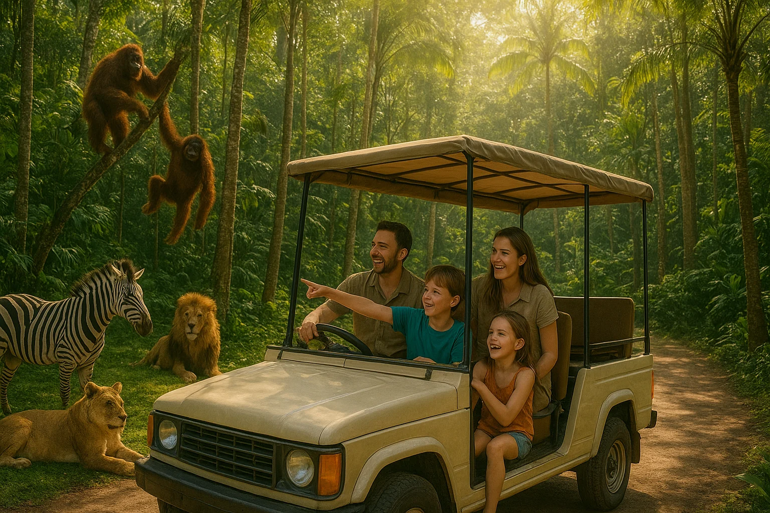 Safari tram driving through lush jungle in Bali, kids pointing at zebras and lions, orangutans climbing nearby, Balinese cultural performers in the background, warm natural light, family adventure vibe.