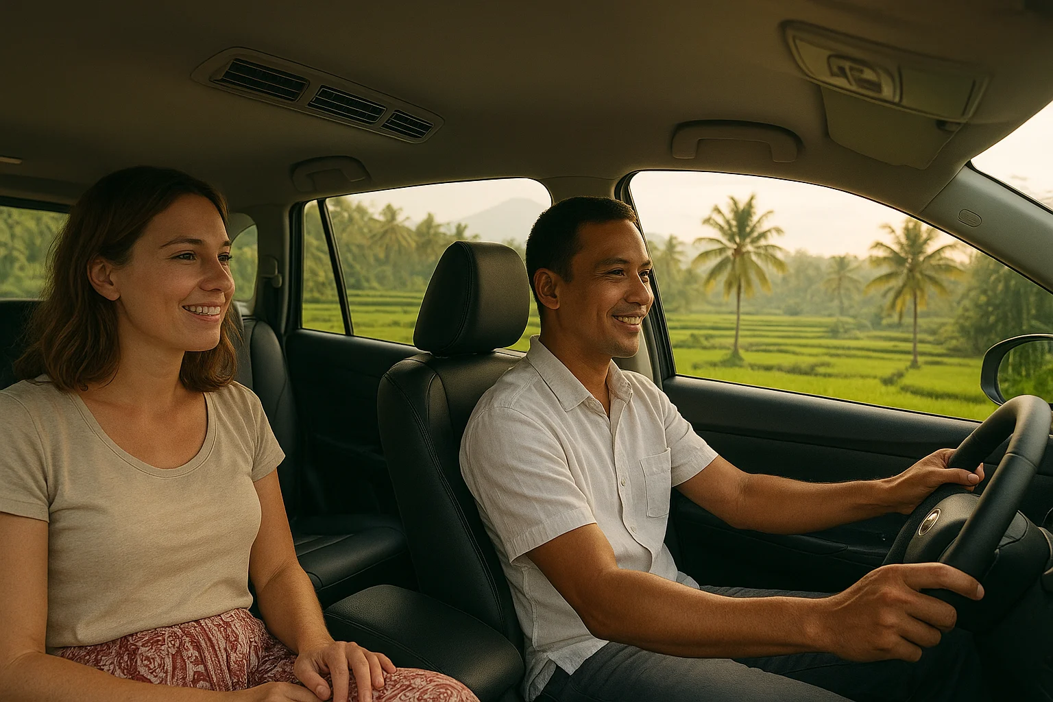 Sunset coastal drive in Bali seen from the back seat of a car. Sunset coastal drive in Bali seen from the back seat of a car.