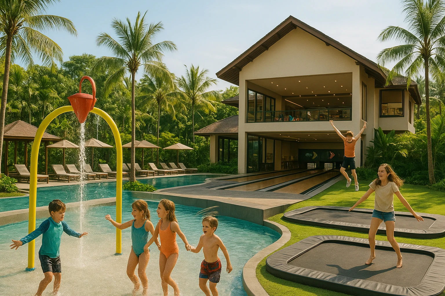 Modern family recreation center in Bali, kids playing in a splash park, parents at a spa lounge, teenagers jumping on trampolines, bowling alley in the background, luxury tropical resort feeling.