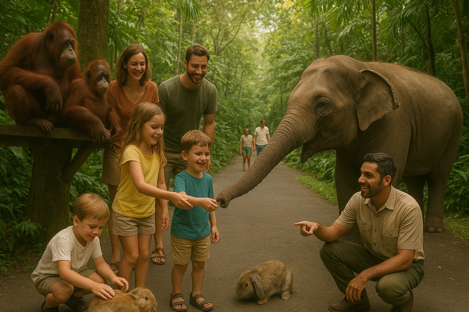 Breakfast with orangutans in Bali Zoo, kids feeding elephants, toddlers petting bunnies, families walking along green shaded pathways, relaxed family-friendly zoo vibe.