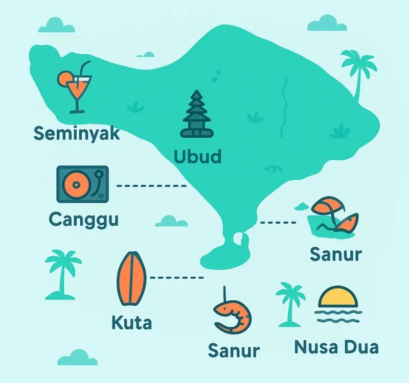 nfographic map of Bali nightlife zones — Seminyak, Canggu, Uluwatu, Ubud, Kuta, Sanur, Nusa Dua, illustrated with icons (cocktails, DJ decks, beach, seafood, temple, surfboard), bright modern travel blog design, easy-to-read layout, minimal icons with tropical colors