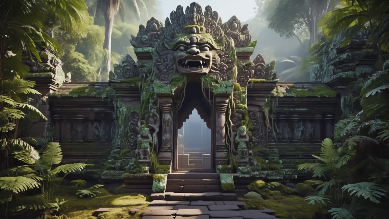 Goa Gajah Temple entrance in Bali, ancient stone carvings, moss-covered statues, jungle plants surrounding entrance, serene and mysterious atmosphere, realistic travel photography