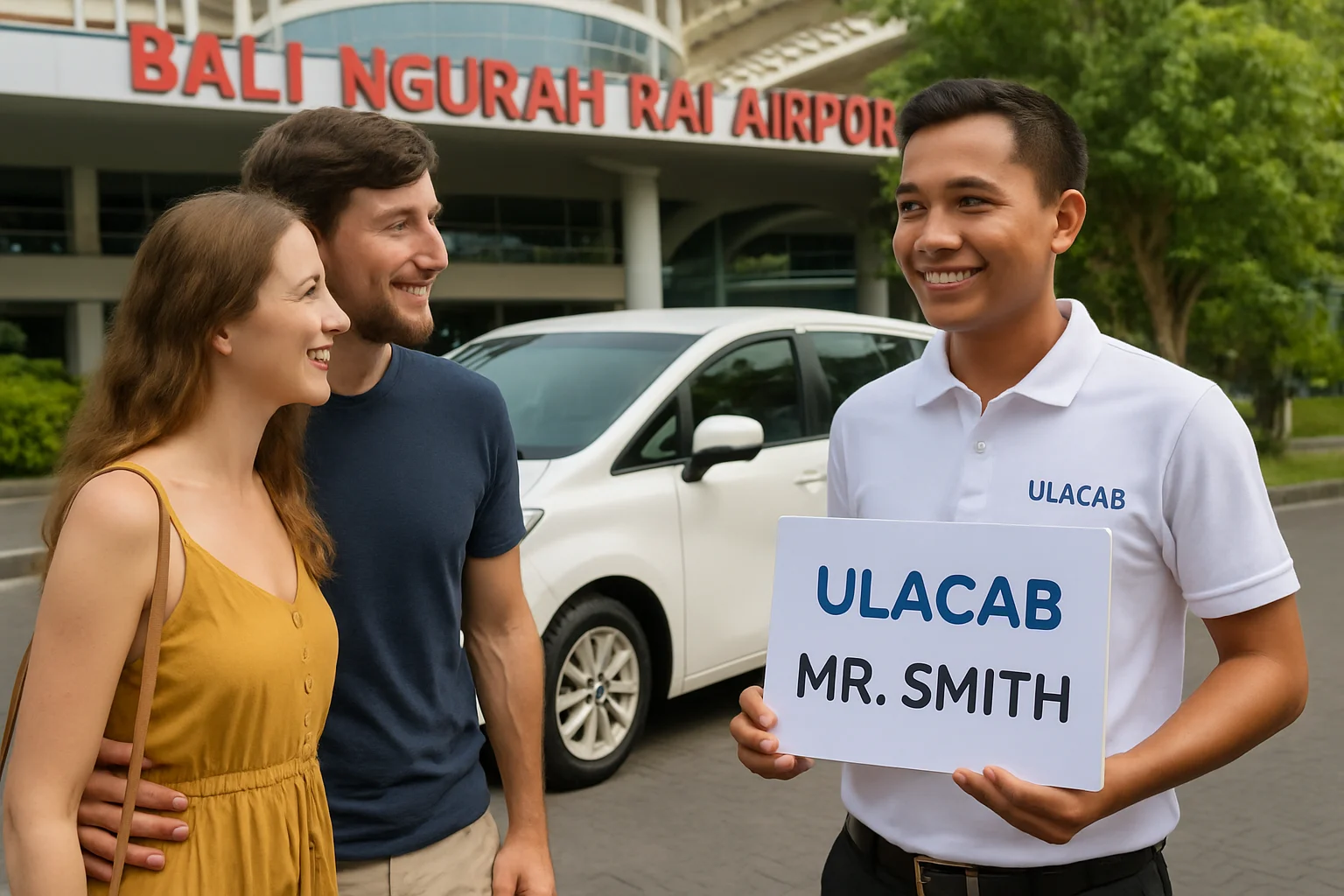 Ulacab driver greeting arriving passengers at Bali Airport with a private car.