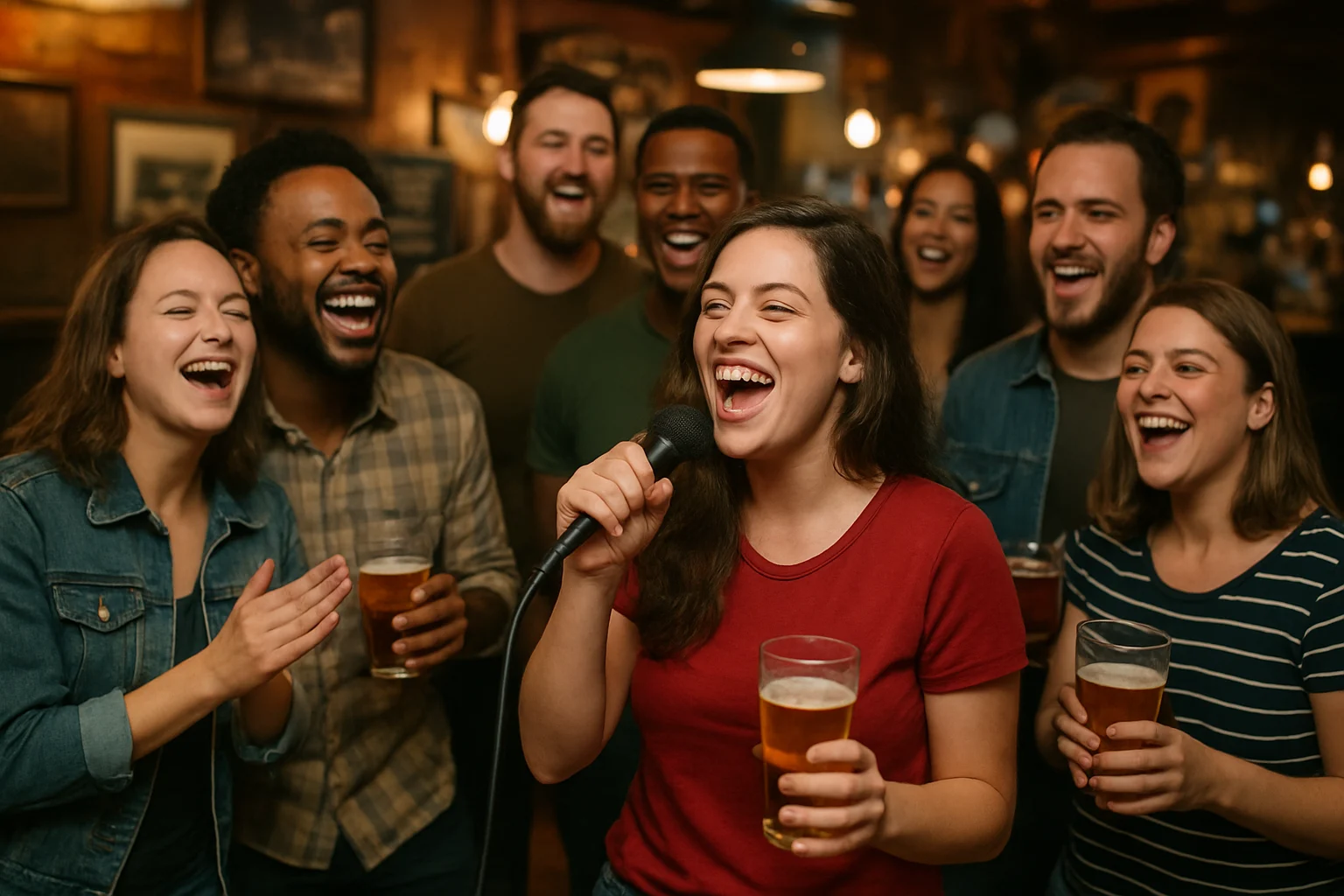 Local crowd at live music pub, karaoke mic in hand, cheap drinks, casual attire, fun and authentic community vibe