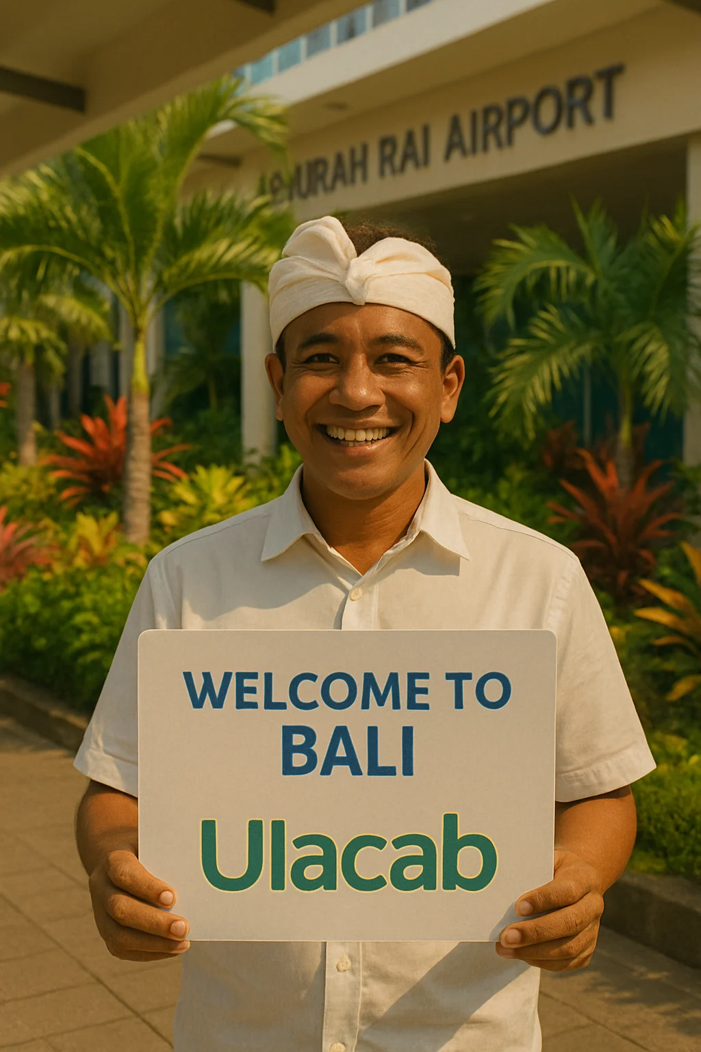 Ulacab driver holding a welcome sign at Bali Airport for a first-time visitor.