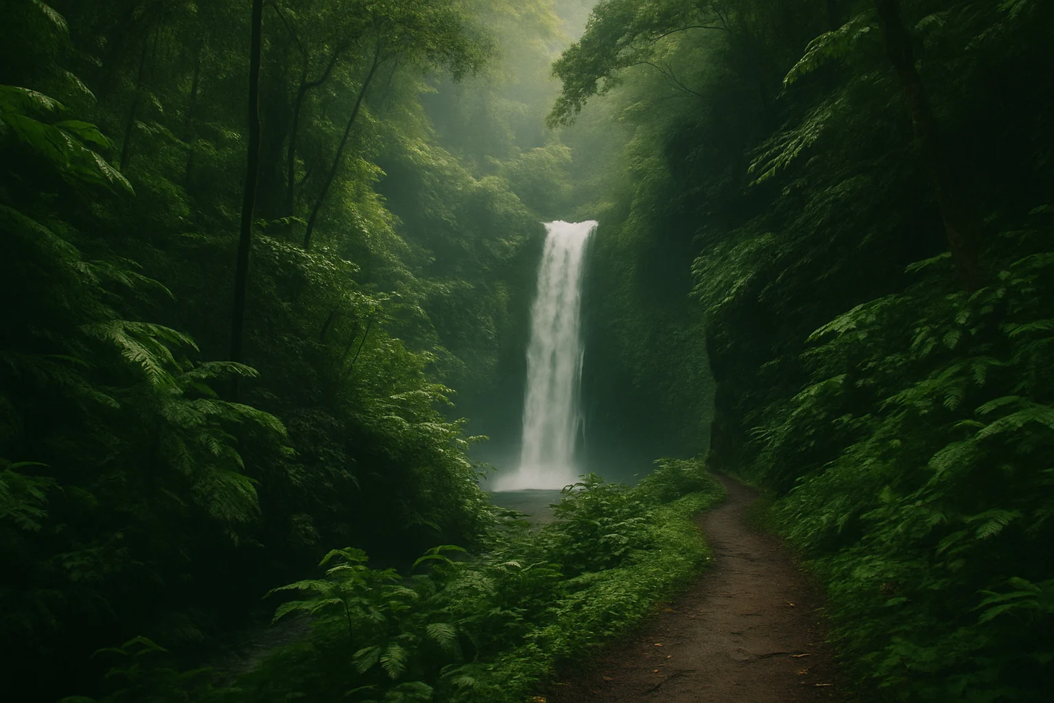 Lush jungle trail leading to hidden waterfall in Munduk, Bali.