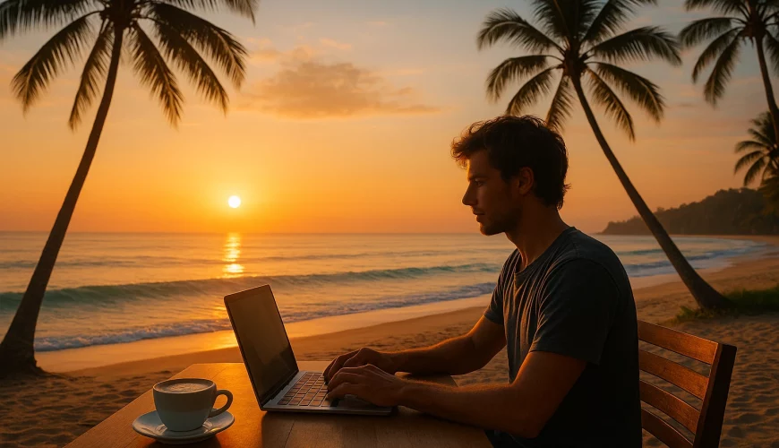A stunning sunrise over a Bali beach with a young digital nomad working on a laptop at a beachfront café. Tropical vibes, smooth coffee on the table, clear ocean water, palm trees swaying, minimalist travel-magazine style