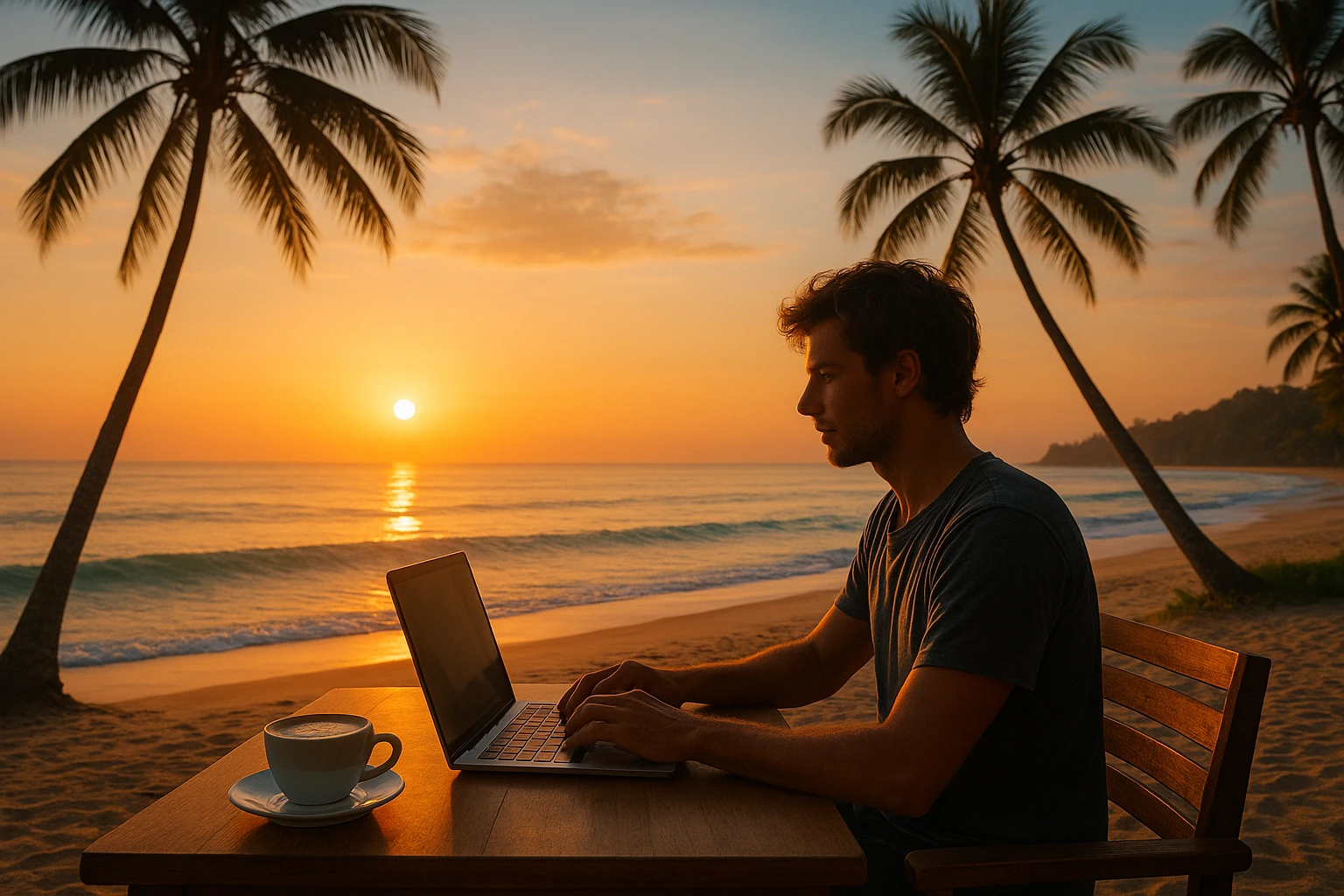 A stunning sunrise over a Bali beach with a young digital nomad working on a laptop at a beachfront café. Tropical vibes, smooth coffee on the table, clear ocean water, palm trees swaying, minimalist travel-magazine style