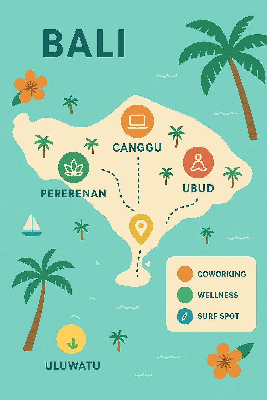 Illustrated map of Bali showing key nomad hotspots like Canggu, Ubud, Sanur, Pererenan, Uluwatu. Color-coded icons for coworking, wellness, and surf spots, clean modern travel guide style, flat design with tropical theme