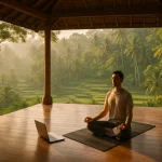 Peaceful yoga shala in Ubud surrounded by lush jungle and rice terraces. A person meditating after work with a laptop nearby, blending wellness and remote work lifestyle, soft morning light, tranquil and inspiring mood
